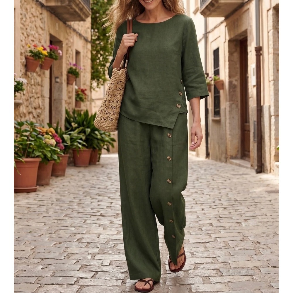 Lintico Linen Nyla Asymmetric-Hem Button-Trim Top & Katya Buttoned Slit-Hem Pant